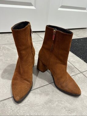 Women's Brown Suede Pointed Toe Ankle Boots with Block Heel